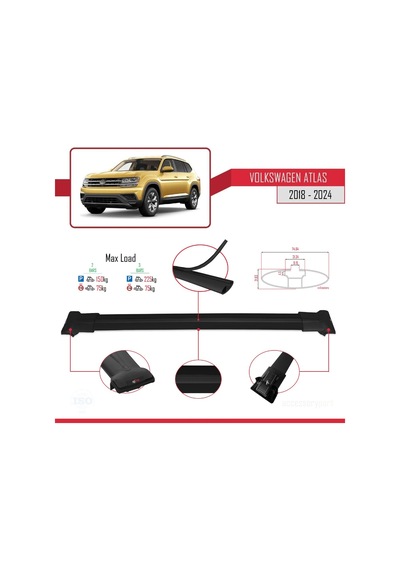 Volkswagen Atlas 2018 Ve Sonrası İle Uyumlu Fly Model Ara Atkı Tavan Barı Siyah