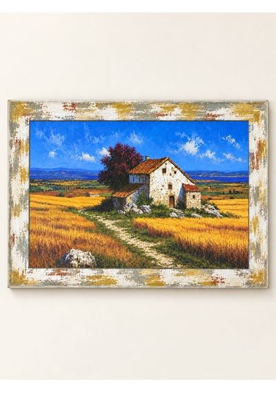 Ahşap Eskitme Çerçeve Görünümlü Köy Evi Ve Buğday Tarlası Manzaralı Dekoratif Ahşap Tablo 52x37 Cm