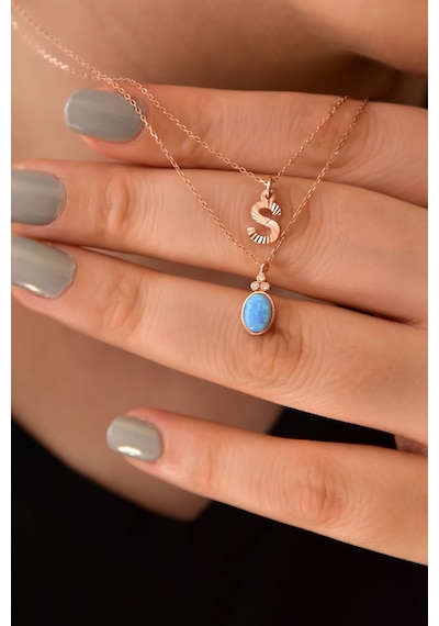 Papatya Silver 925 Ayar Gümüş Rose Kaplama S Harf ve Opal Taşlı Asansörlü Kolye