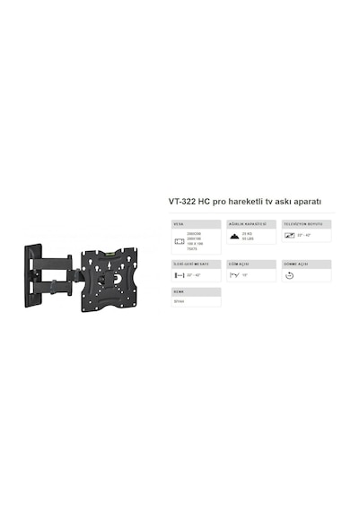 Vontech Vt 322 Hc Pro Tv Askı Aparatı 22-42 Inç Çift Kollu Haraketli Duvar Tipi