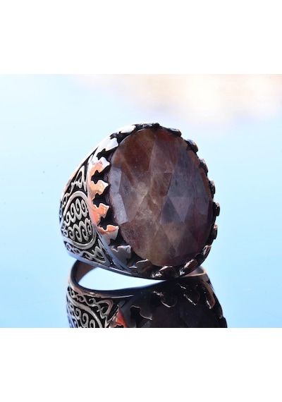 Gerçek Doğal Safir Oval Taş Yüzük - Gümüş Erkek Yüzüğü Gümüş