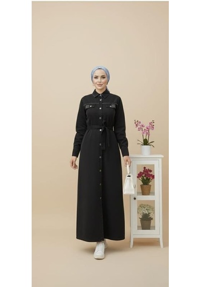Hb Harma Time Butik Kadın Boncuk İşlemeli Düğmeli Kuşaklı Siyah Kot Elbise