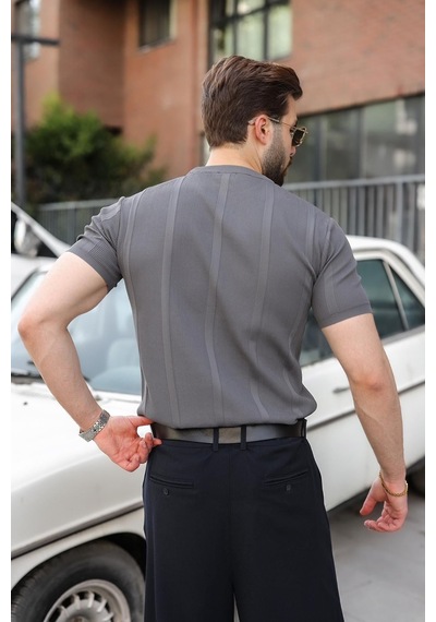 Madmext Antrasit Regular Fit Bisiklet Yaka Fitilli Triko Erkek Tişört E7490