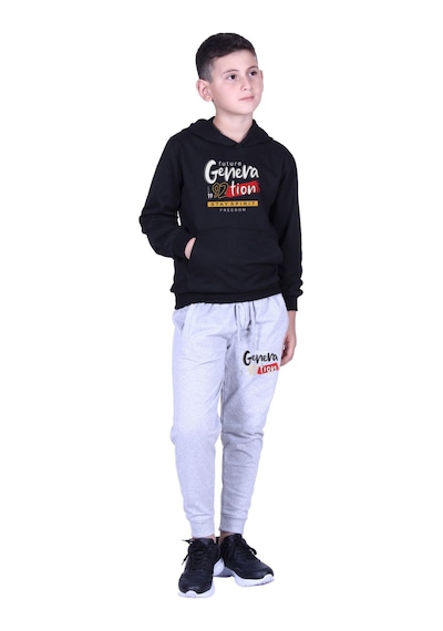Fyk Kids Kapüşonlu Kanguru Cepli Generation Yazı Baskılı Erkek Çocuk Eşofman Takımı Siyah - Gri