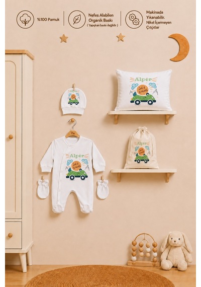 Pia Baby Erkek Bebek İsimli Hastane Çıkışı 6 Parça Tulum Şapka Eldiven %100 Pamuk Hediye Seti 2007tybk0x Krem