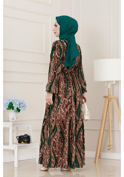Sevitli Leopar Desenli Beli Tünelli Viscon Elbise-yeşil-5091 Yeşil