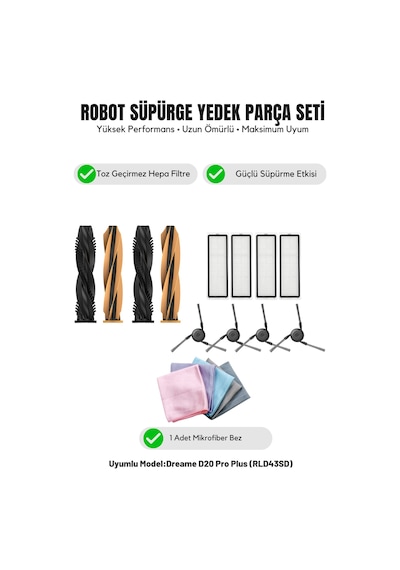 Dreame D20 Pro Plus Rld43sd İle Uyumlu 2 Ana Fırça 4 Yan Fırça 4 Filtre 1 Temizlik Bezi 12.0