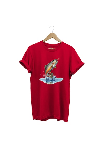 Zıpkınlanan Alabalık Tasarımlı Balıkçılık Temalı %100 Pamuk Unisex Regular Fit T-shirt Kırmızı