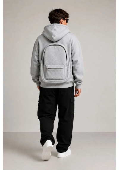 Tarzyeri Erkek 3 İplik Şardonlu Tam Fermuarlı Kapüşonlu Arka Çanta Detaylı Sweatshirt - Gri
