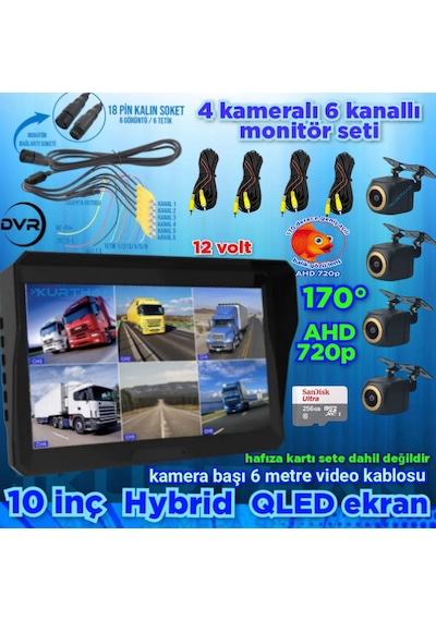 4 Adet 4x3 Cm. 170 Derece Balık Gözü Lens Ahd 720p Kamera Qled Ekran 10'' Dvr 12 V 256 Gb