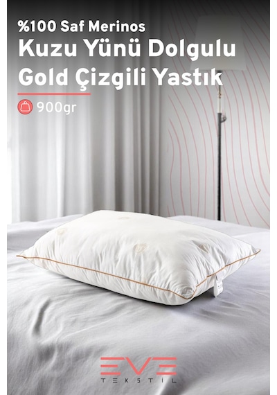%100 Merinos Kuzu Yünlü Gold Çizgili Fermuarlı Doğal Yastık 50x70 Cm