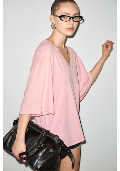 Grımelange Sylora Kadın Organik Pamuklu Keten Karışımlı V Yakalı Rahat Kalıp Pembe T-shirt Grımelange Sylora Kadın Organik Pamuklu Keten Karışımlı V Yakalı Rahat Kalıp Pembe T-shirt