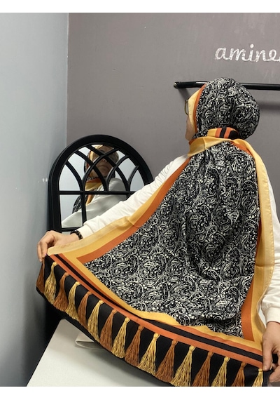 Aminenesil Cardion Premium Etnik Desen Şal Sarı Siyah Renk Siyah Sarı