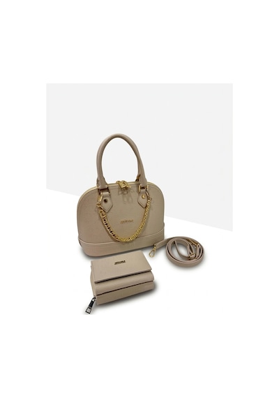 Just Polo Kadın Zincir Detaylı Lüks El & Omuz Çantası Ve Cüzdanı Kombin Shopper Ebat : 25x22 Cm Taş