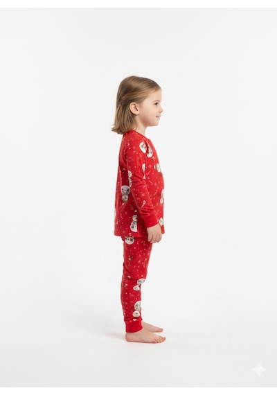 Unisex Kardan Adam Desenli Pijama Takımı Kışlık %100 Pamuk Kırmızı