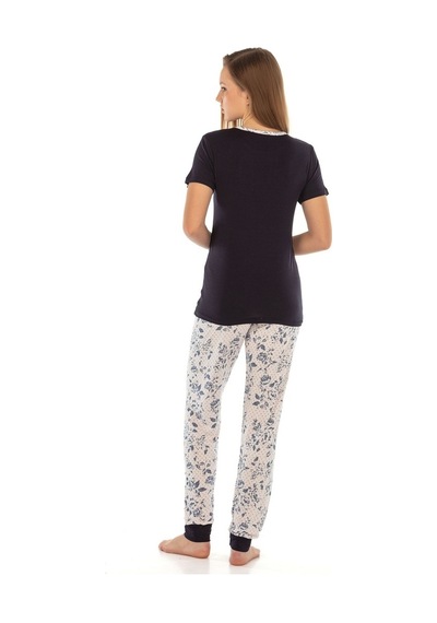 Vishenka Kadın Alt Likrasız Üst Likralı Viskon Baskılı Pijama Takımı Lacivert