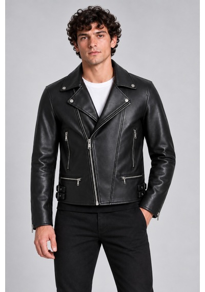 Maison Rae Erkek Siyah Slim Fit Biker Deri Ceket Çapraz Fermuarlı, Çok Cepli, Kemer Tokalı
