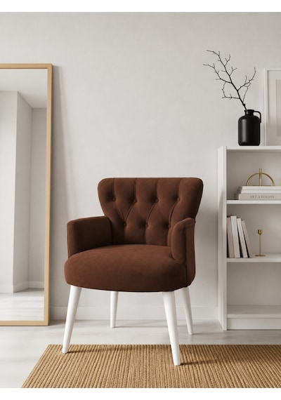 Roma Kahverengi Babyface Kumaş Berjer Beyaz Ahşap Ayaklı Modern Tekli Koltuk