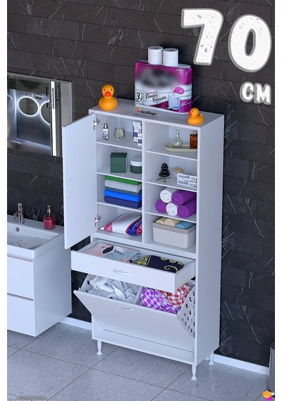 Afra 70 Cm 2 Gözlü Kirli Çamaşır Sepet, 1 Kapak Ve Çekmeceli 8 Raflı Çok Amaçlı Banyo Dolabı Beyaz Afra 70 Cm 2 Gözlü Kirli Çamaşır Sepet, 1 Kapak Ve Çekmeceli 8 Raflı Çok Amaçlı Banyo Dolabı Beyaz