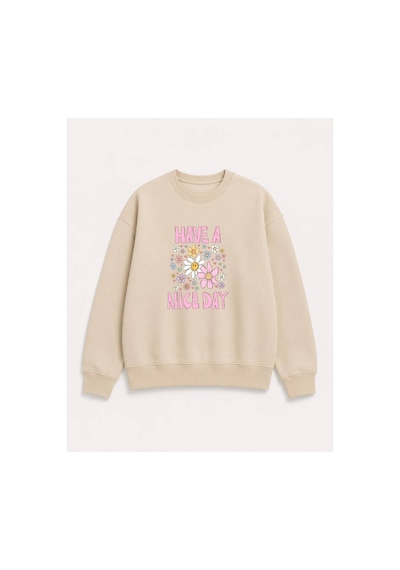 Herkesemoda Emoji Çiçekler Baskılı 2 İplik Şardonlu Bisiklet Yaka Sweatshirt Bej