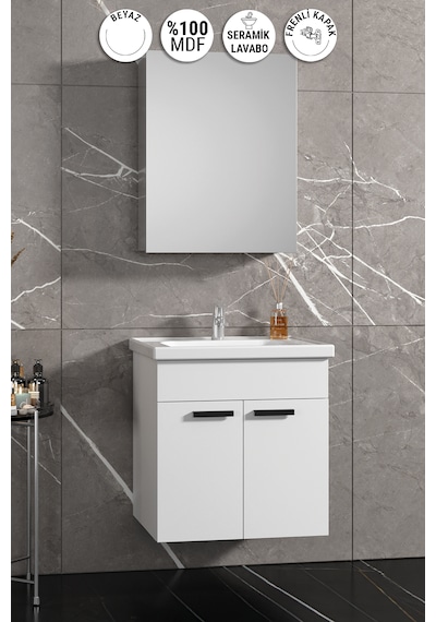 Çiğdem Kulplu 55 Cm Beyaz Mdf Seramik Lavabolu Asma Banyo Dolabı Takımı