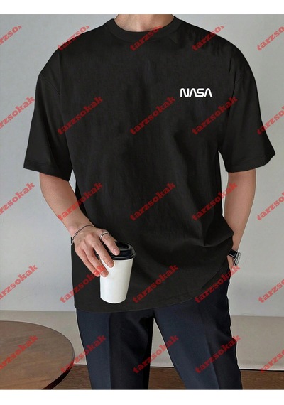 Tarzsokak Unisex Nasaa Baskılı Tshirt Beyaz Siyah