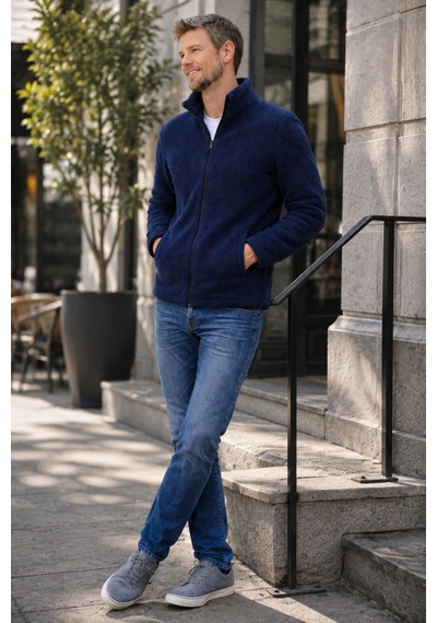 Luxıc Core Erkek Peluş Mont Slim Fit Dik Yaka Fermuarlı Cepli Günlük Spor Ceket Lacivert