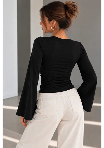 Bb Butik Basic Yan Büzgülü İspanyol Kol Basic Kadın Bluz My3535 siyah