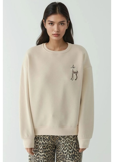 Hiccup Rahat Hayvan Nakışlı Şardonlu Bisiklet Yaka Hoodie Natural