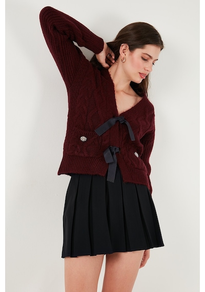Lela Premium Regular Fit V Yaka Fiyonk Bağlama Detaylı Örgü Desenli Triko Bayan Hırka 680Kz1947 Bordo