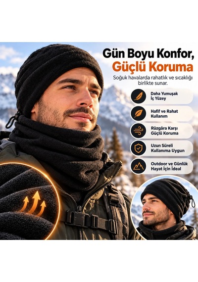 Elitse Unisex Premium Polar Bere Boyunluk 2'si 1 Arada Sıcak Tutan Rüzgar Korumalı Outdoor Kışlık Siyah Şık