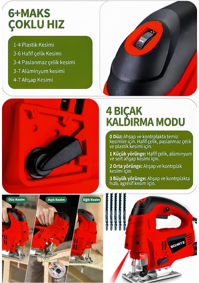 Schatz 800 W Lazerli Devir Ayarlı Dekupaj Testere Makinesi Kırmızı + 5 Adet Testere Ucu