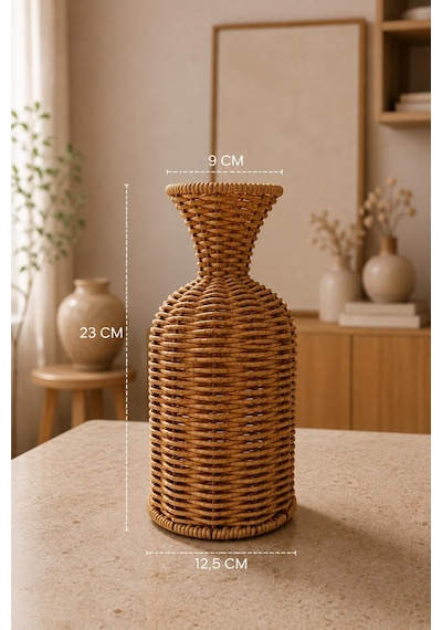 Doğal El Yapımı Rattan Vazo Dekoratif Hasır Vazo Bohem Salon Oturma Odası Masa Üstü Vazo 23 Cm Kahverengi