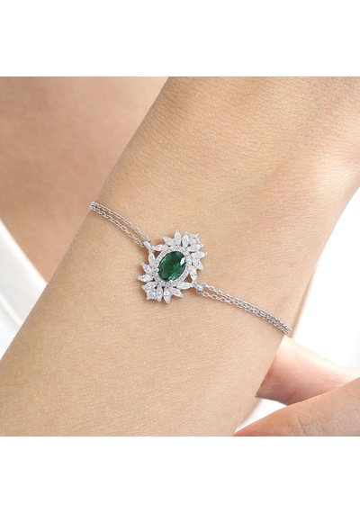 Effective Diamond Venedik Dansı Sentetik Zümrüt Taşlı Gümüş Bileklik