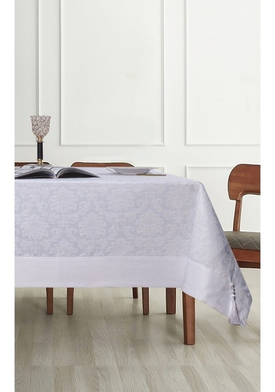 Pamuklu Damask Desen Beyaz Renk Lüks 160x220 Cm Masa Örtüsü
