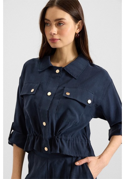 Olcay Metal Çıtçıtlı Crop Modal Ceket Lacivert 8285