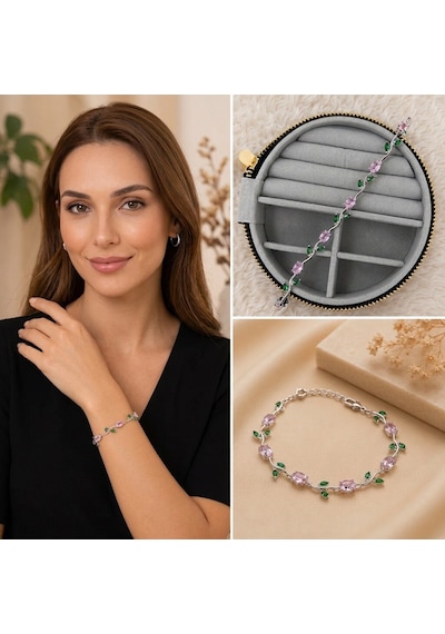 Premium Gümüş Renk Pembe Ve Yeşil Zirkon Taşlı Gümüş Renk Zarif Kadın Bijuteri Bileklik 20cm Gümüş - Pembe