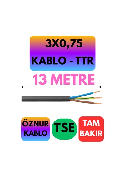 Öznur 3x0,75 Ttr Kablo Siyah Metre Seçenekli - 13 Metre