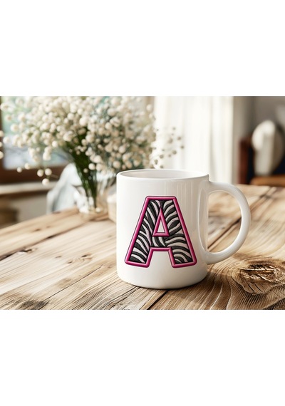 A Harfi Zebra Deseni Ve Pembe Kenarlı Kupa Bardak - Kişiye Özel Nakış Efektli - Siyah Beyaz Pembe Beyaz