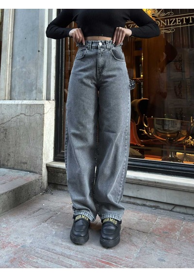 Kene Jeans Füme Yan Tokali Geniş Kesim Baggy Bol Paça Kot Jeans Pantolon Füme
