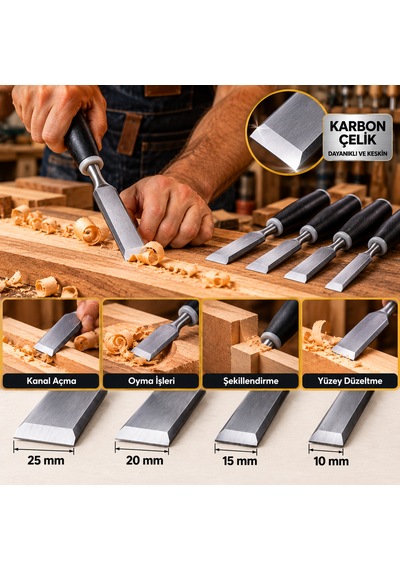 4 Parça Karbon Çelik Ahşap İskarpela Seti 10-15-20-25 Mm Siyah Saplı
