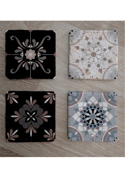 Çiçekli Desenler Doğal Taş Bardak Altlığı 4'lü Set - Natural Stone Coasters-174136 Çok Renkli