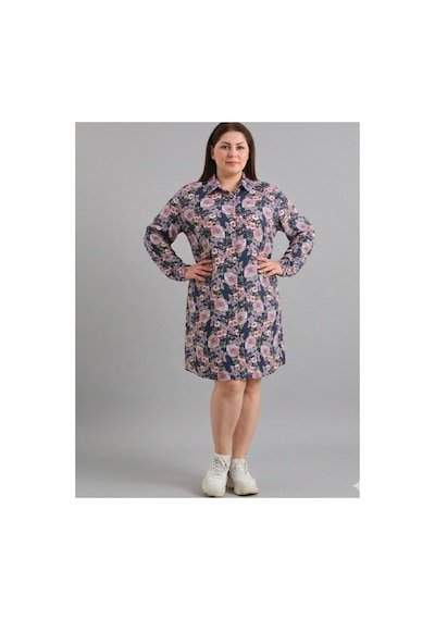 Polologin Butik Büyük Beden Lacivert Floral Desenli Gömlek Elbise - Pembe Çiçek Detaylı Lacivert Polologin Butik Büyük Beden Lacivert Floral Desenli Gömlek Elbise - Pembe Çiçek Detaylı Lacivert