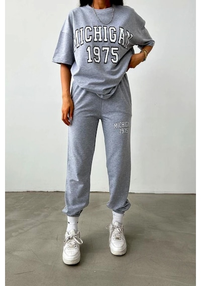 T-shirt Eşofman Altı Jogger- Gri Baskılı Alt Üst Eşofman Takımı Oversize Bisiklet Yaka Gri