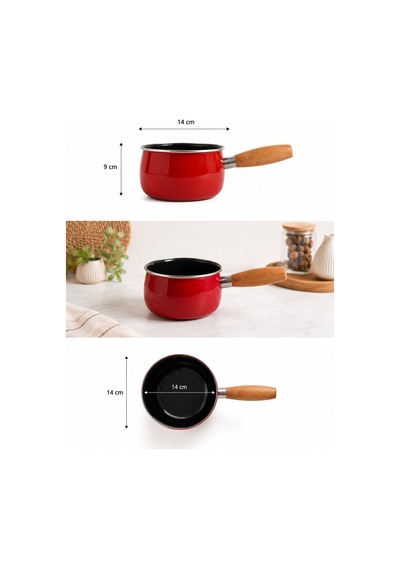 14 Cm Emaye Sütlük Ahşap Saplı Süt Cezvesi Sosluk 1200ml 9 Cm Derinlik Kırmızı