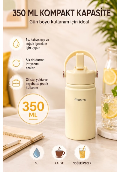350 Ml Kulplu Pipetli Çelik Termos Bardak Bpa Free, Taşınabilir Mini Termos, Krem Renk
