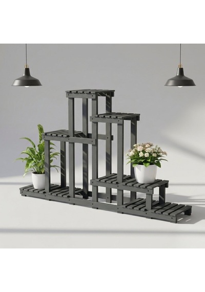 Doğal Köknar Ahşap Çok Katlı Çiçeklik Standı Saksılık 120x150x25 Cm Gri