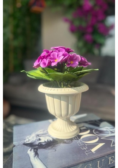 4lü Set Yapay Çiçek Krem Antik Saksıda Karışık Renk Kadife Menekşe Gerçekçi Doku 22cm