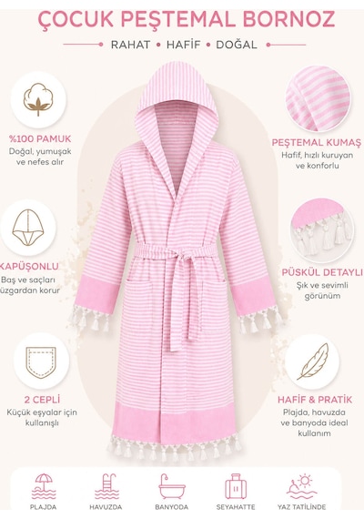 Kapşonlu Çocuk Peştemal Bornoz %100 Pamuk Plaj, Havuz ,banyo Bornozu Kidside Pembe