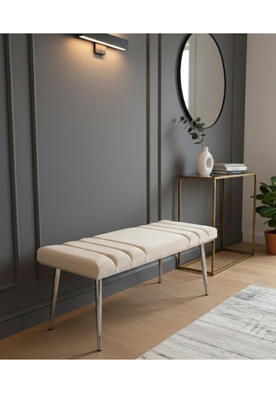 Özcan Metal Krom Metal Ayaklı Metal Kasalı Bench Mutfak Salon Antre Yatak Odası Balkon Puf Bank Krem